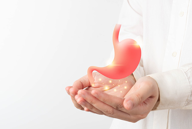 手のひらにのせた輝くCG風の胃の3D模型